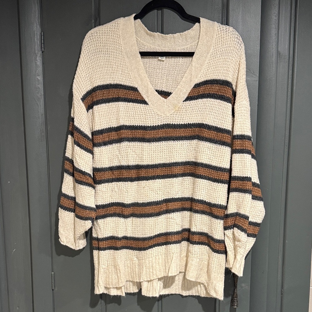 American Eagle Striped V-Neck Sweater - Cream and Brown
